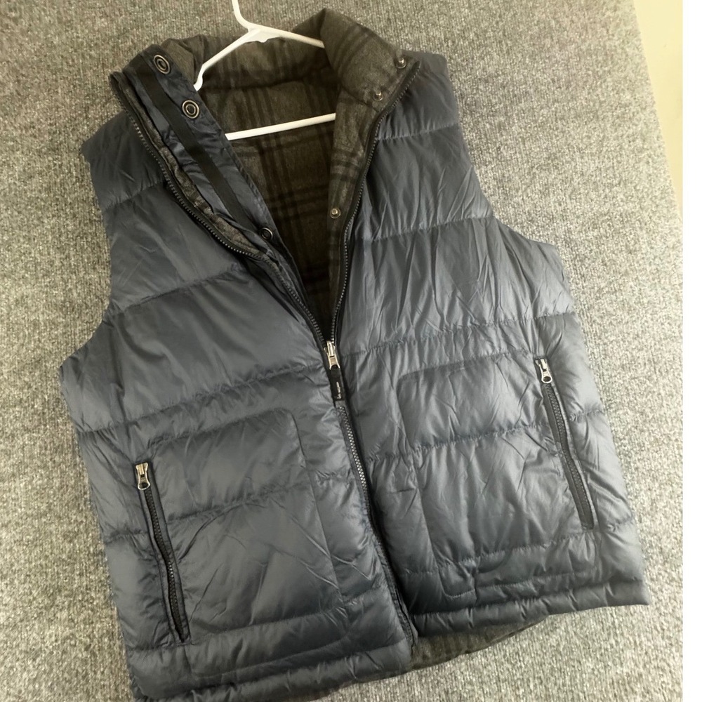 PrAna Reversible Puffer Vest Mens XL Plaid Gray Blue Full Zip Outdoor‎ Insulated